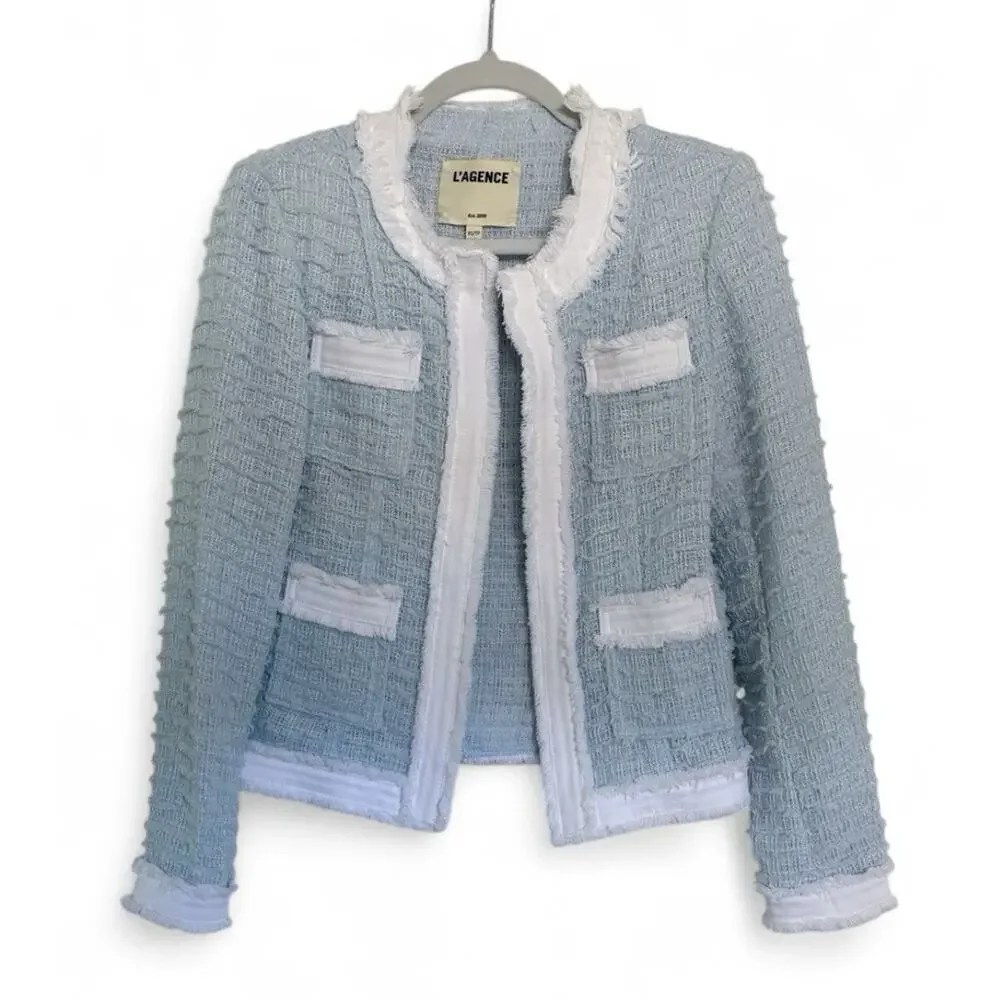 L'AGENCE Agnes Tweed Denim Jacket XS Ice Blue White $525 Quiet Luxury